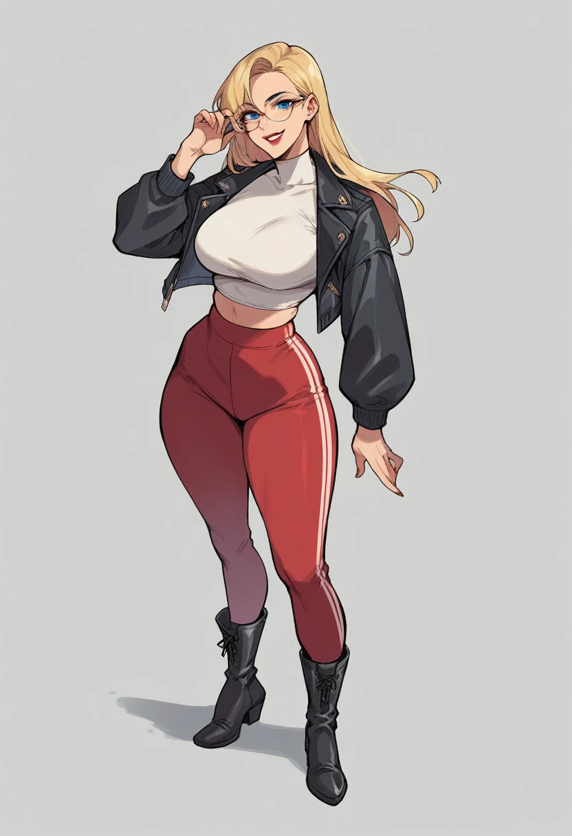 Score_9, Score_8_up, Score_7_up, 1 girl, blonde hair, blue eyes, glasses, curvy figure, wide hips, small waist, smile, red lips, big bust, black cropped jacket, white blouse, red yoga pants, black boots up thigh, walk, simple background, white background,