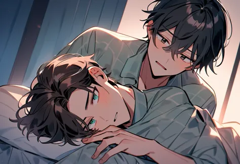 It depicts two young men lying in bed. He has black hair and green eyes., His face flushed slightly, He seems confused.. Room bo...