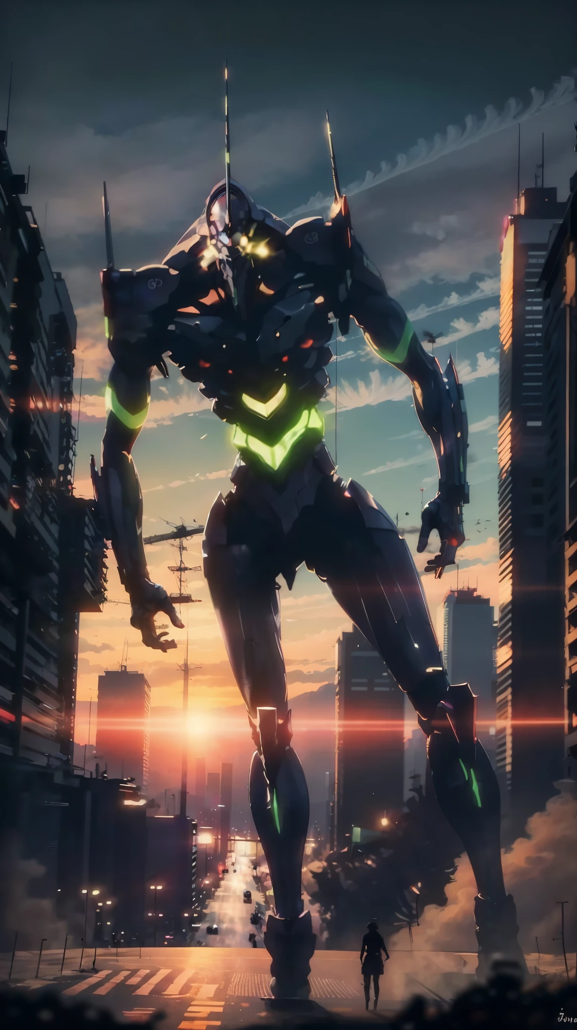 A highly detailed and realistic full body portrait of Eva 01, a biomechanical anime character, walking between Tokyo city buildings, dramatic lighting, cinematic composition, volumetric fog, intricate mechanical details, dynamic pose, shiny metallic textures, background neon-lit cityscape, hyper-detailed, 8K, photorealistic,Eva 01,realistic,full body,walking between buildings,view from below