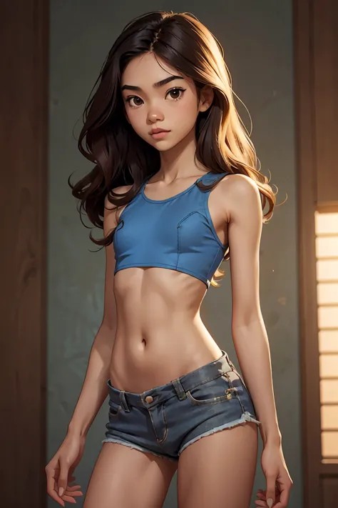 A cute Philippine teenage girl, long wavy hair, short torso, Very short shorts, flat chest like a boy, Slender body, Very detail...