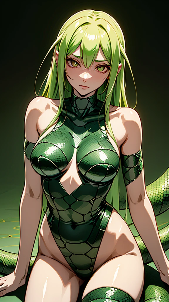 Snake girl,lamia,snake body,Based on Miia from Everyday Life with Monster Girls、A seductive version of Echidna from Queen&#39;s Blade。
Detailed explanation:
Beautiful upper body of a human female、The lower half of the body is that of a snake covered in scales.。Her hair is long and greenish-golden.、The pupils are vertically narrow like a snake.。The body has a thin scale pattern.、Skin is pale green。breasts are large、Covered with a thin cloth。From the waist down it has a long snake&#39;s tail.、It is covered in scales of a gradation of green and gold.。
Although her personality is seductive、Surprisingly intelligent。He&#39;s good at misleading intruders.、Its hypnotic powers are extremely powerful。