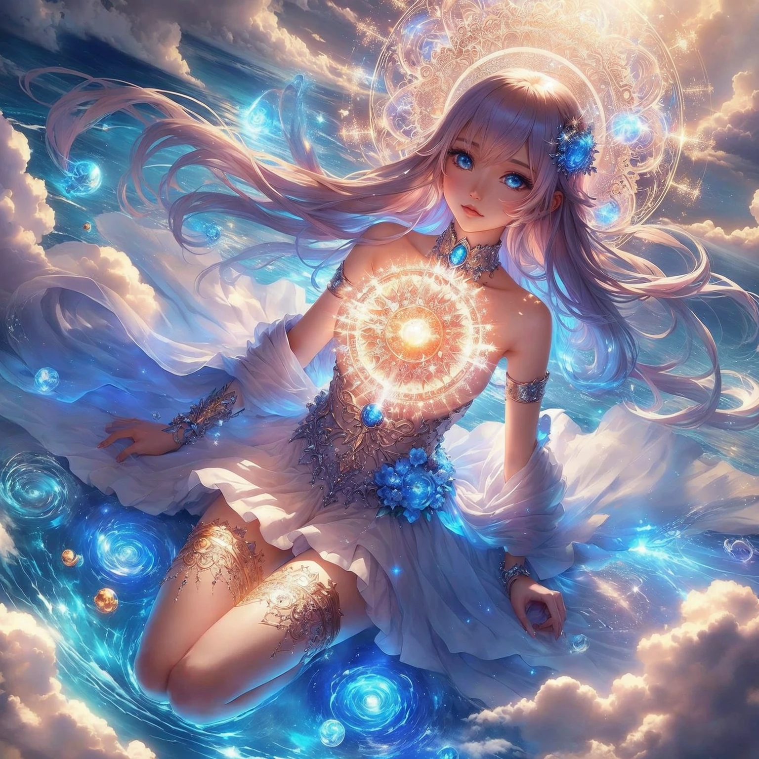 Woman in dress sitting on clouds with sun in hand, beautiful heavenly mage, anime goddess, anime girl with cosmic hair, goddess of heaven, Doesn&#39;t exist like a star, Fantasy anime artwork, ethereal anime, Goddess of Light, fantasy anime illustration, A shining angel, beautiful fantasy anime, angel on the star, Intangible essence, Goddess of the Clouds, Goddess of the universe