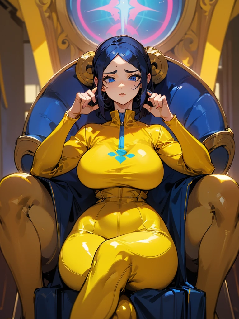 a mature woman , hero pose, cabelo rosa big fit ass, shining blue eyes, wearing a mustard yellow jumpsuit. hero pose, seios big fit asss35 anos, sitting on an royal throne,  psychedelic, lsd, mind blowing, big fit ass , female, vagina, tattoo's, glare eyes, espiritual