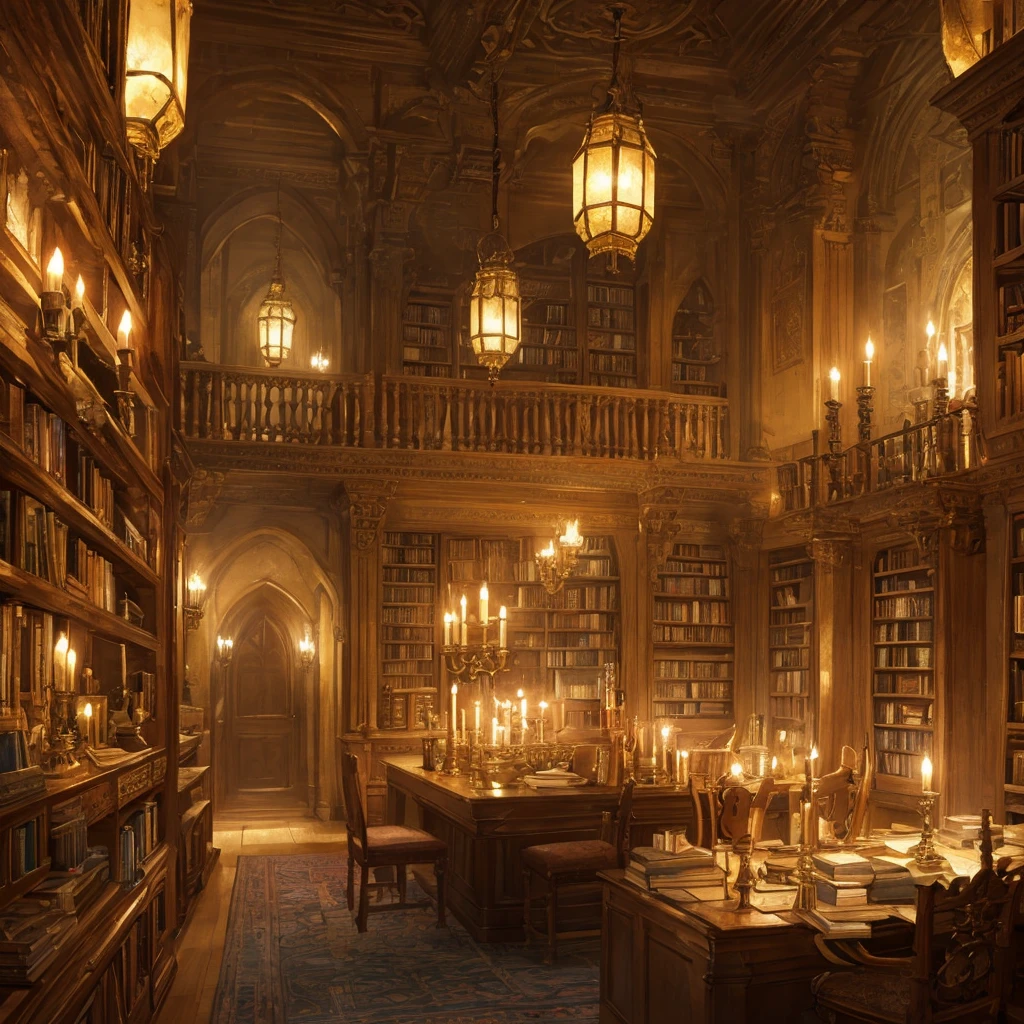 medieval merchant's study,interior scene,detailed architectural elements,antique furniture,old books and scrolls,candles and candlesticks,warm lighting,rich color palette,chiaroscuro lighting,ornate details,intricate textures,high level of realism,cinematic composition,photorealistic,digital painting,concept art