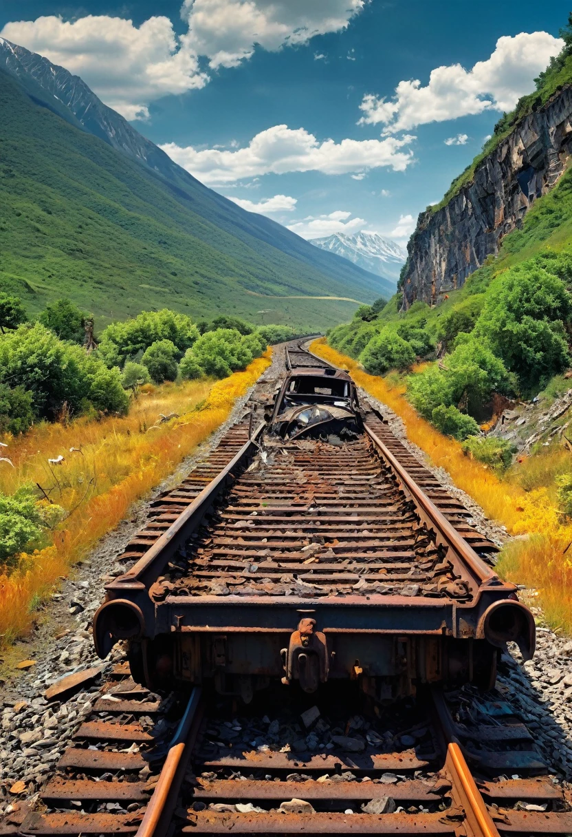 postapokalyptische Umgebung,verwilderte Eisenbahn, entgleister rostiger Zug, Zertrümmertes Auto, Helle Farben, Berge, fantastische Landschaft, Skizzenkunst, ein Comic, dunkle botanische, stück verwittertes Tierknochen, Zweihundert Jahre, nachdem die Menschen verschwunden sind, dunkle und  Atmosphäre, 