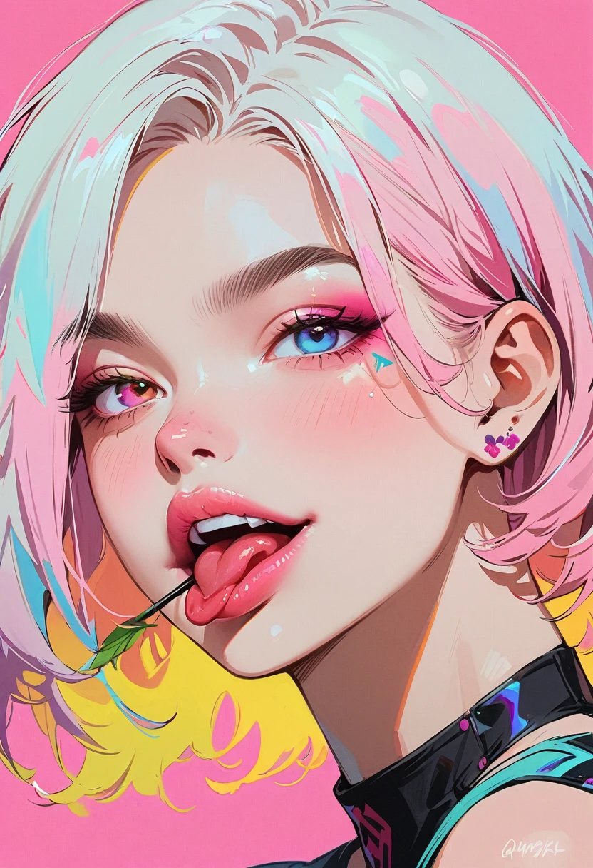 (masterpiece, best quality:1.2), 1 girl, solo, Anime style, heterochromia, Grinning, lips pink, Stick out your tongue, Tongue Stud, Cyberpunk style makeup, Different color short hair, Long bangs on one side, Purple and pink background.