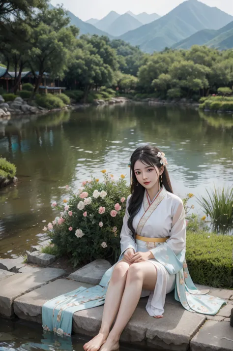 Hanfu, 1 girl, Medium bust, rift, mountain, soaking foot, sit, Chinese park background,white thighs,Clear water,(foot:1.3), too ...
