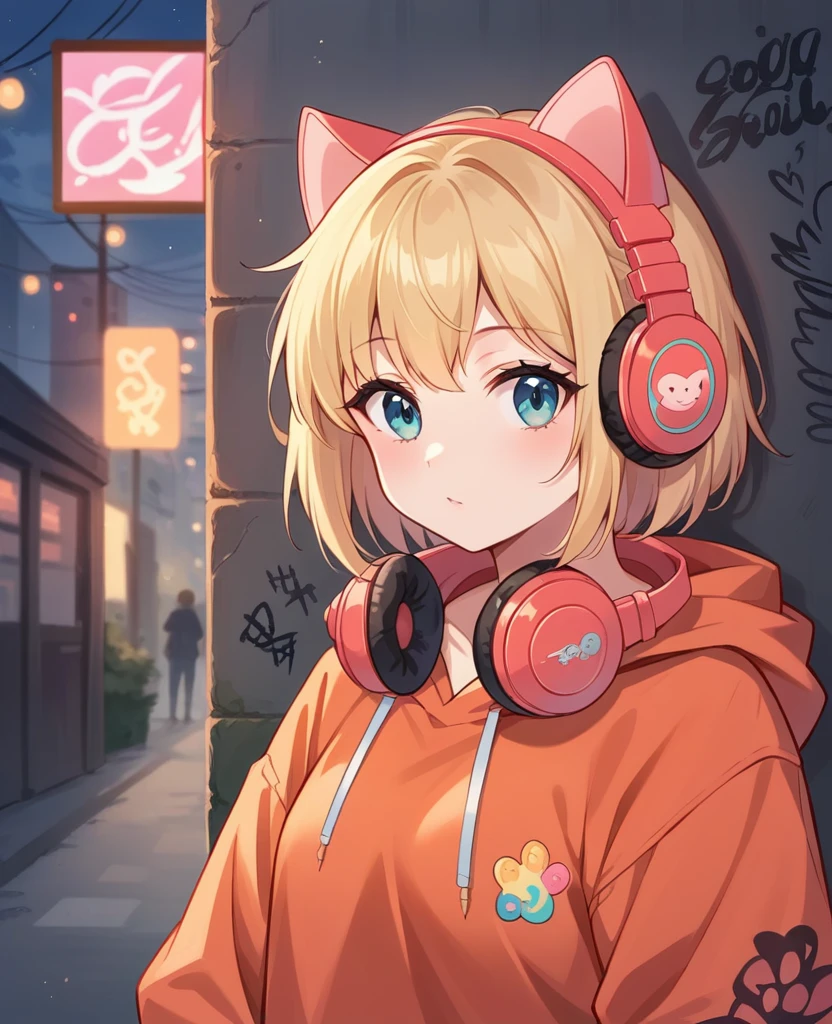 Cute cat dressed in a Orange red fire neon hoodie with pastel gold blonde accents, oversized headphones snugly fit around its neck, mid-action as it maneuvers through an urban setting, backdrop of graffiti-covered walls, contemporary streetwear fashion vibe, pastel tones, soft-focus background, bokeh lights, digital painting, ultra fine, ultra realistic