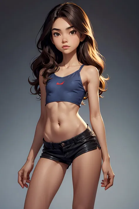 A cute Philippine teenage girl, long wavy hair, short torso, short body, Very short shorts, flat chest like a boy, Slender body,...