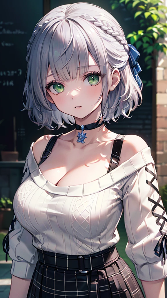 (best quality:1.2), (ultra detailed:1.2),(masterpiece:1.2),(8k:1.2),(ccnoel, short hair, french braid, hair ribbon, green eyes, black choker, collarbone, cleavage, off-shoulder sweater, white sweater, plaid skirt),(Blessed,Captivating body、Ultra-detailed eyes、Ultra-detailed skin、ultra-detailed face,Detailed Background),One Girl、(model posing)