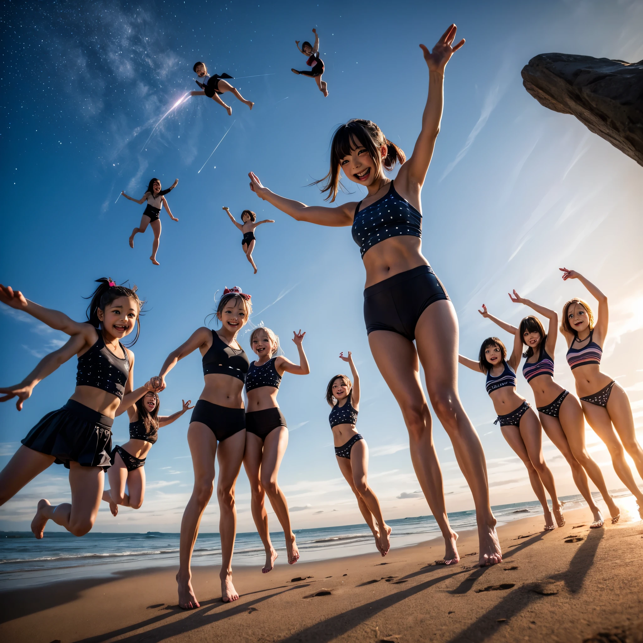  Masterpiece of ProfessionalPhoto ((ExtremelyDetailed (12 PICHIPICHI KAWAII Girls Floating in The Air in a row:1.37) in WHITE at Dusk Enoshima Beach)), {(Standing Full Body:1.2)|(from below:1.2)|Detailed KAWAII face}, Different types of hair colors, {(skinny(school swimwear))|(SchoolUniform)with Skinny AthleticShorts}, {(Corrected Childish hand)|Hidden hand|Different types of breasts|(Clearly Visible the shape of Butt)}, Joyful Expressions LifeLike Rendering, PerfectLighting, (Dazzling Horizon Visible through ThighGap), (Starry IridescentParticles:1.22) ColorfulClouds