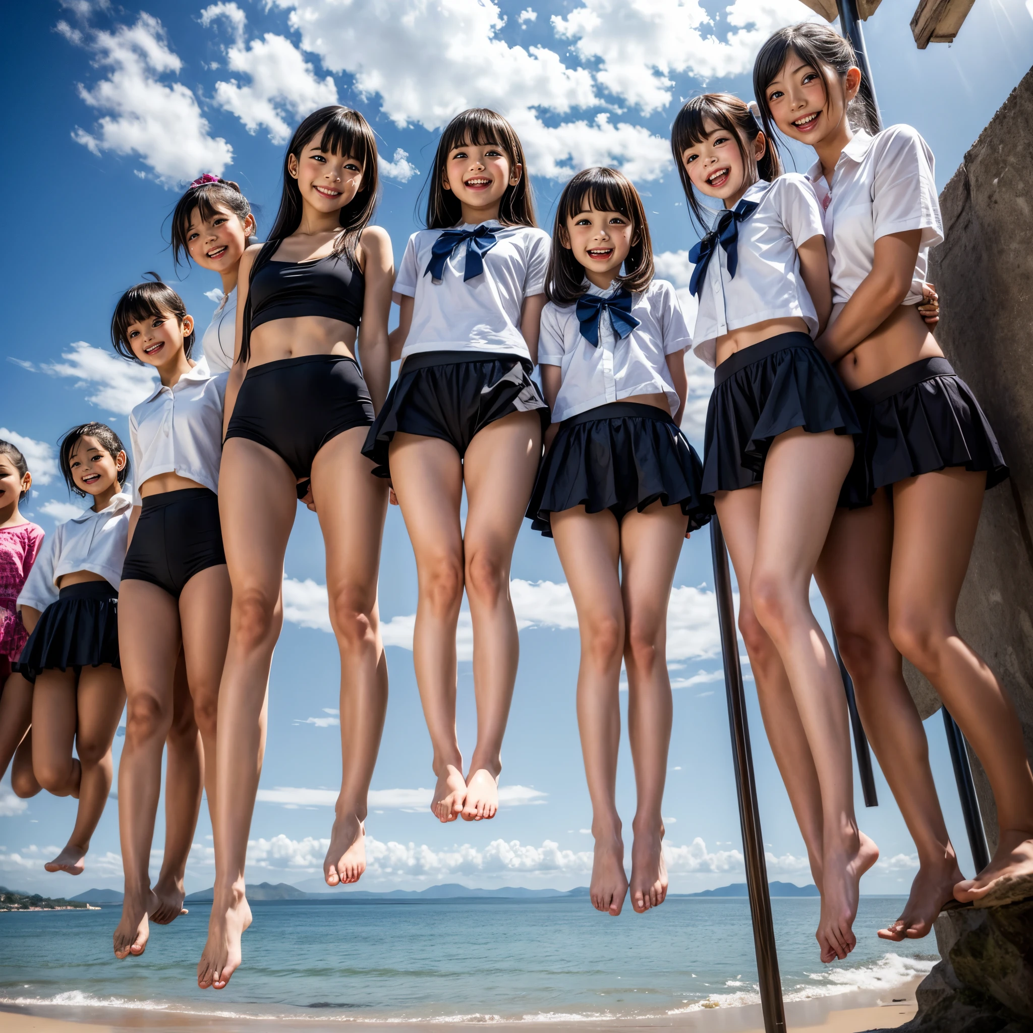  Masterpiece of ProfessionalPhoto ((ExtremelyDetailed (12 PICHIPICHI KAWAII Girls Floating in The Air in a row:1.37) in WHITE at Dusk Enoshima Beach)), {(Standing Full Body:1.2)|(from below:1.2)|Detailed KAWAII face}, Different types of hair colors, {(skinny(school swimwear))|(SchoolUniform)with Skinny AthleticShorts}, {(Corrected Childish hand)|Hidden hand|Different types of breasts|(Clearly Visible the shape of Butt)}, Joyful Expressions LifeLike Rendering, PerfectLighting, (Dazzling Horizon Visible through ThighGap), (Starry IridescentParticles:1.22) ColorfulClouds