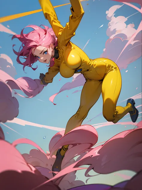 a mature woman , hero pose, big pink hair, shining blue eyes, wearing a mustard yellow jumpsuit. hero pose, big breasts35 years ...