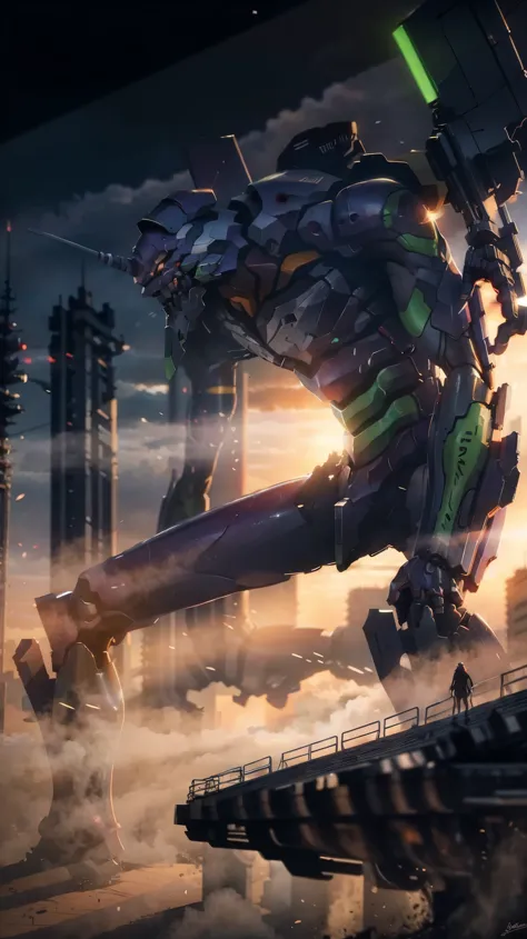 A highly detailed and realistic full body portrait of Eva 01, a biomechanical anime character, walking between Tokyo city buildings, dramatic lighting, cinematic composition, volumetric fog, intricate mechanical details, dynamic pose, shiny metallic textures, background neon-lit cityscape, hyper-detailed, 8K, photorealistic,Eva 01,realistic,full body,walking between buildings,view from below