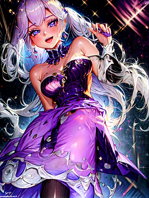 an adult woman, blonde with two pigtails with a purple bow each, purple dress with sparkles and diamonds, short and gala, with a...