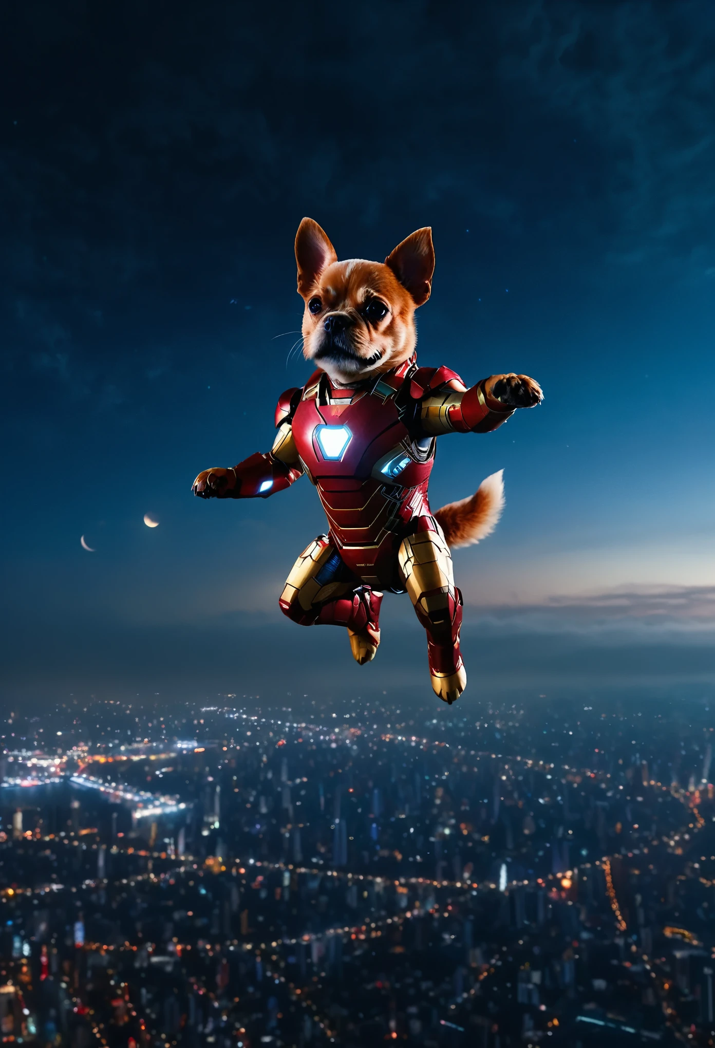 a small dog in iron man suit flying in night sky, moon, cityscape in background, cinematic lighting, highly detailed, 8k, photorealistic, studio lighting, intricate details, dynamic pose, glossy metal textures, glowing repulsor effects, atmospheric fog, vibrant colors, dramatic shadows, volumetric lighting