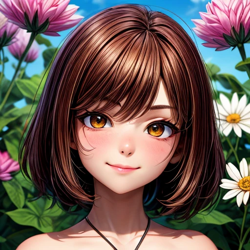 1girl, (shrunken:1.2), minigirl, a cute girl, six inches tall, miniature size,  mature female, standing in a flower garden, oversized objects, gigantic flowers and flora, {{{long dark brown hair}}}, {{{Golden eyes}}}, purple drass, small smile, {best quality.}, {highres masterpiece.}, 16k {{{close up portrait.}}}, {facing viewer}