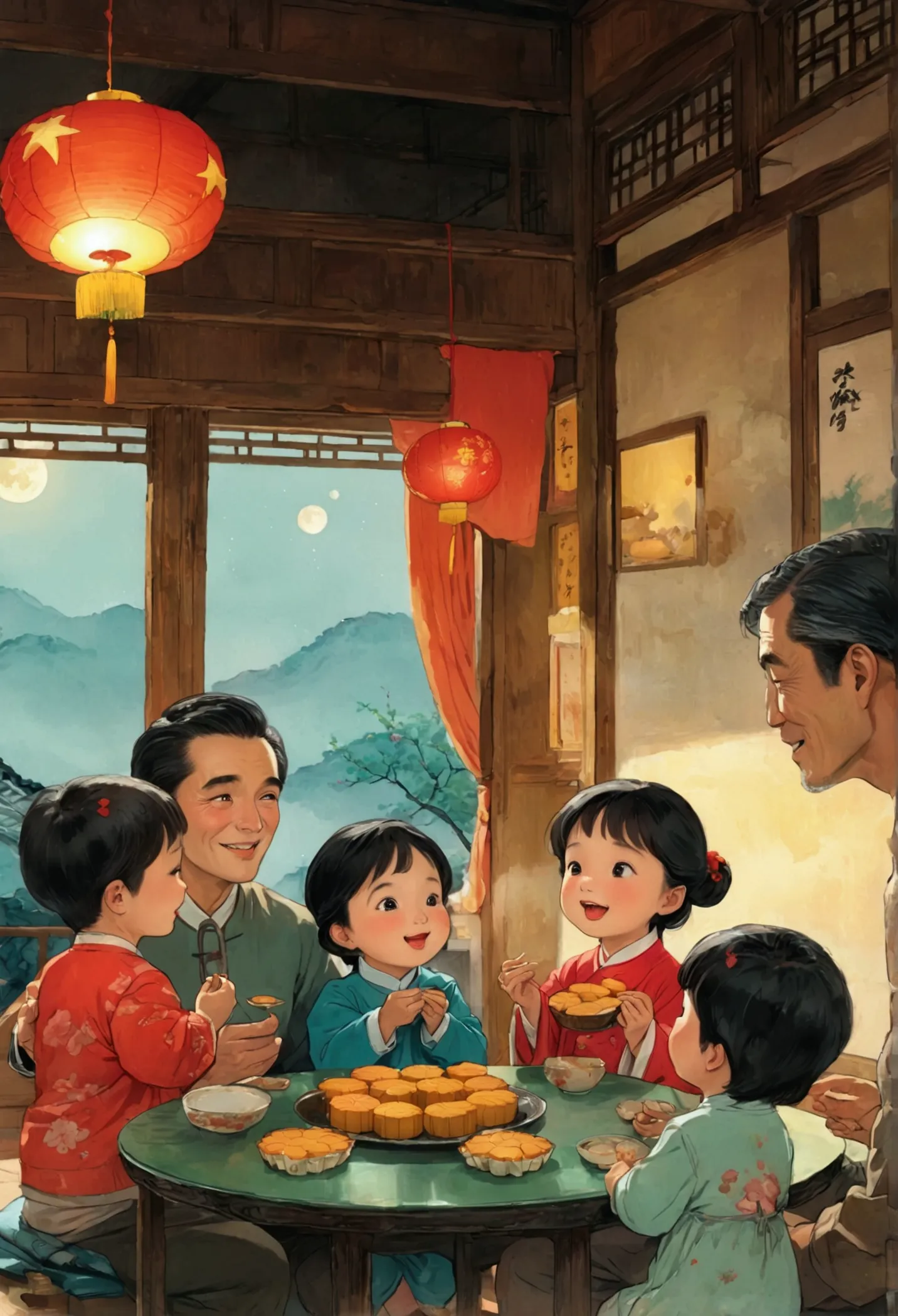 (top quality、8k、masterpiece:1.3)、china 70s，the family sits together and eats mooncakes,mom, dad and children laughing together，p...