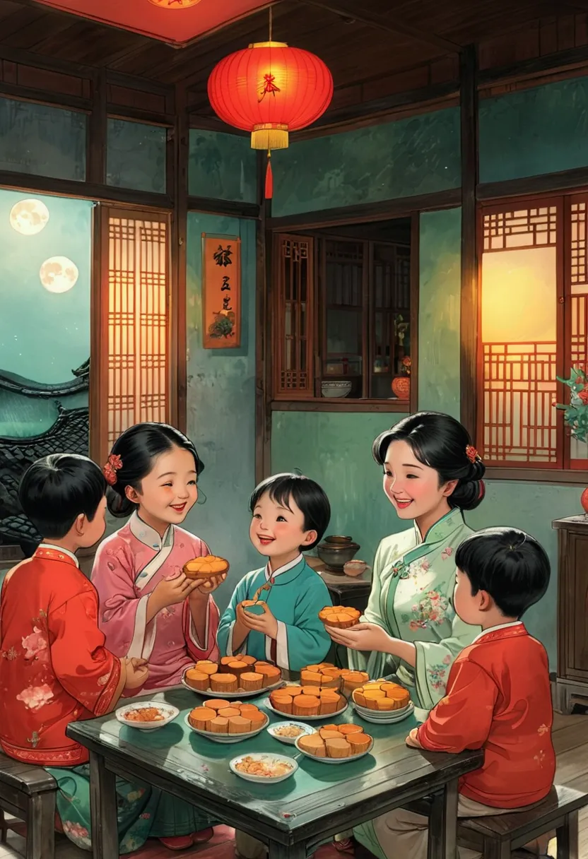 (top quality、8k、masterpiece:1.3)、china 70s，the family sits together and eats mooncakes,mom, dad and children laughing together，p...