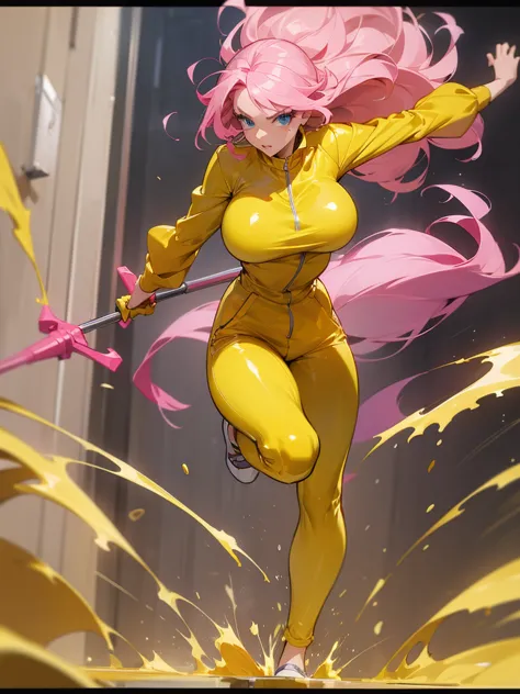 a mature woman , hero pose, big pink hair, shining blue eyes, wearing a mustard yellow jumpsuit. hero pose, big breasts35 years ...