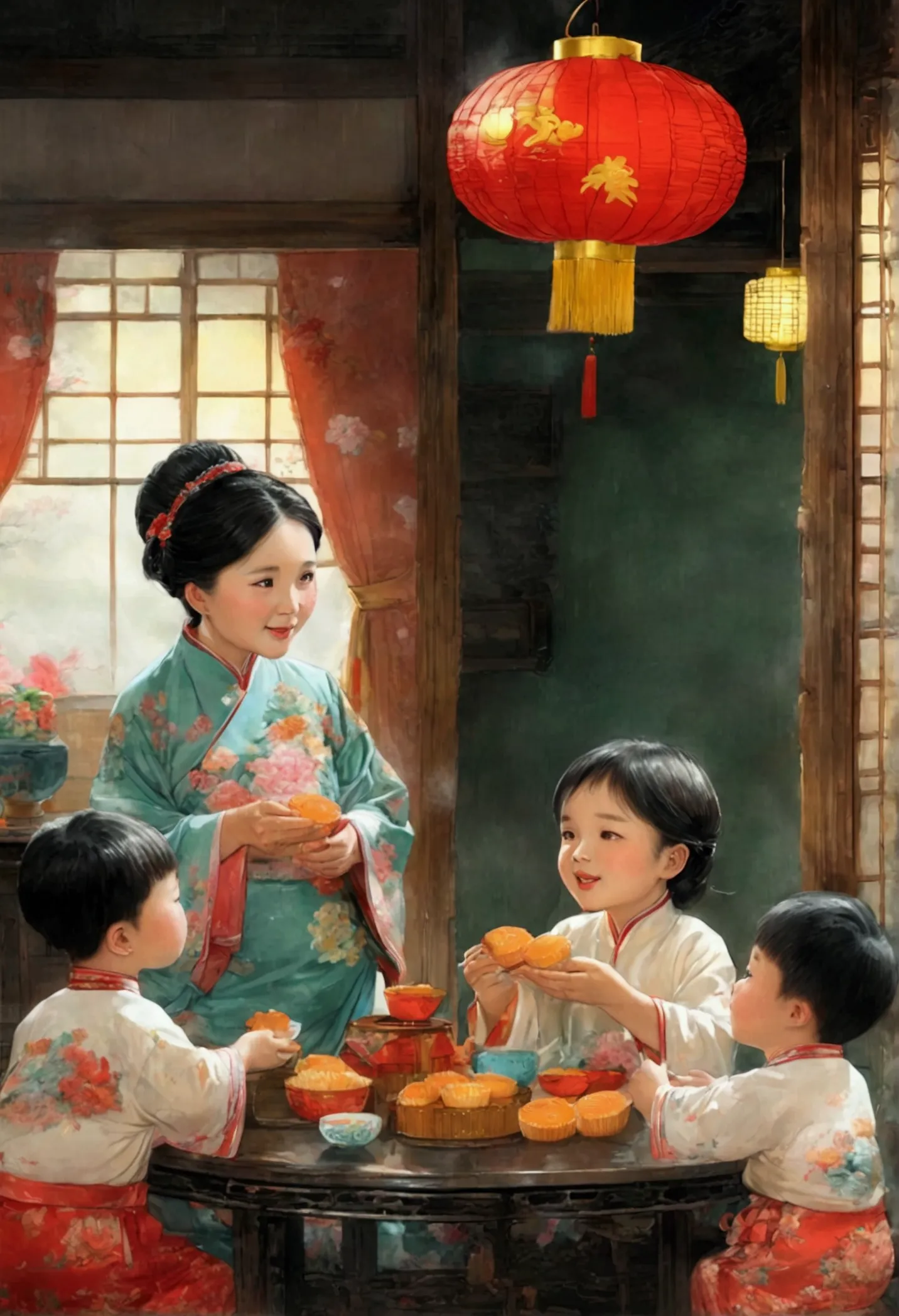 (top quality、8k、masterpiece:1.3)、china 70s，the family sits together and eats mooncakes,mom, dad and children laughing together，p...