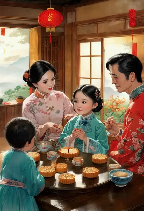 (top quality、8k、masterpiece:1.3)、china 70s，the family sits together and eats mooncakes,mom, dad and children laughing together，p...