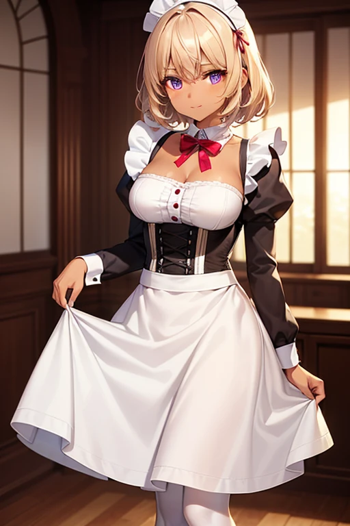 (Tabletop, Highest quality, Very detailed), One Girl, Purple eyes, Blonde, Dark Skin, short hair、Perm Hair、((White Pantyhose))、(Bedroom)、((Maid clothes))、Long skirt、corset