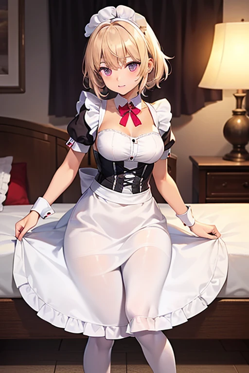 (Tabletop, Highest quality, Very detailed), One Girl, Purple eyes, Blonde, Dark Skin, short hair、Perm Hair、((White Pantyhose))、(Bedroom)、((Maid clothes))、Long skirt、corset