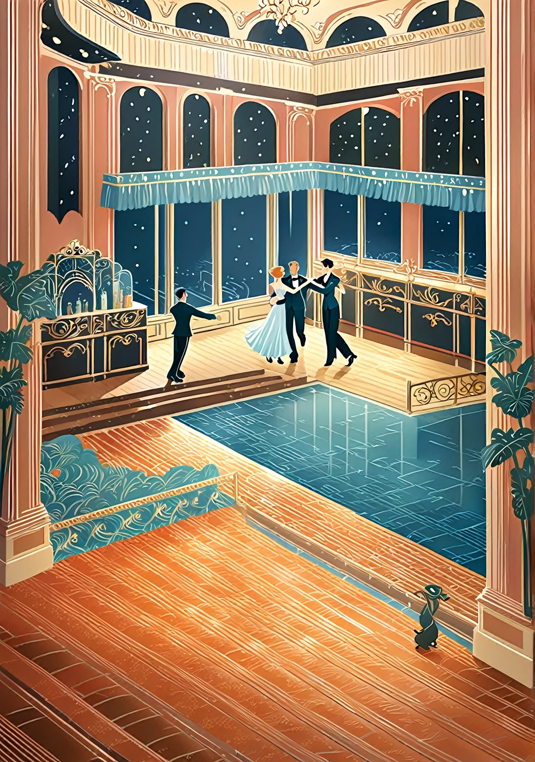 a Ilustración vectorial of a Pareja de baile in a ballroom, fondo de salón de baile, ilustración art decó, Pareja de baile, Escena de baile, en estilo de ilustración digital, Ilustración vectorial, Ilustración digital estilizada, por Hugh Hughes, theater Escena de baile, por Hristofor Zhefarovich, inspirado por Delphin Enjolras, ilustración estilizada, por Béla Kondor