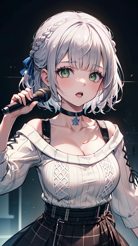 (best quality:1.2), (ultra detailed:1.2),(masterpiece:1.2),(8k:1.2),(ccnoel, short hair, french braid, hair ribbon, green eyes, black choker, collarbone, cleavage, off-shoulder sweater, white sweater, plaid skirt),(Blessed,Captivating body、Ultra-detailed eyes、Ultra-detailed skin、ultra-detailed face,Detailed Background),One Girl、(singing:1.5)