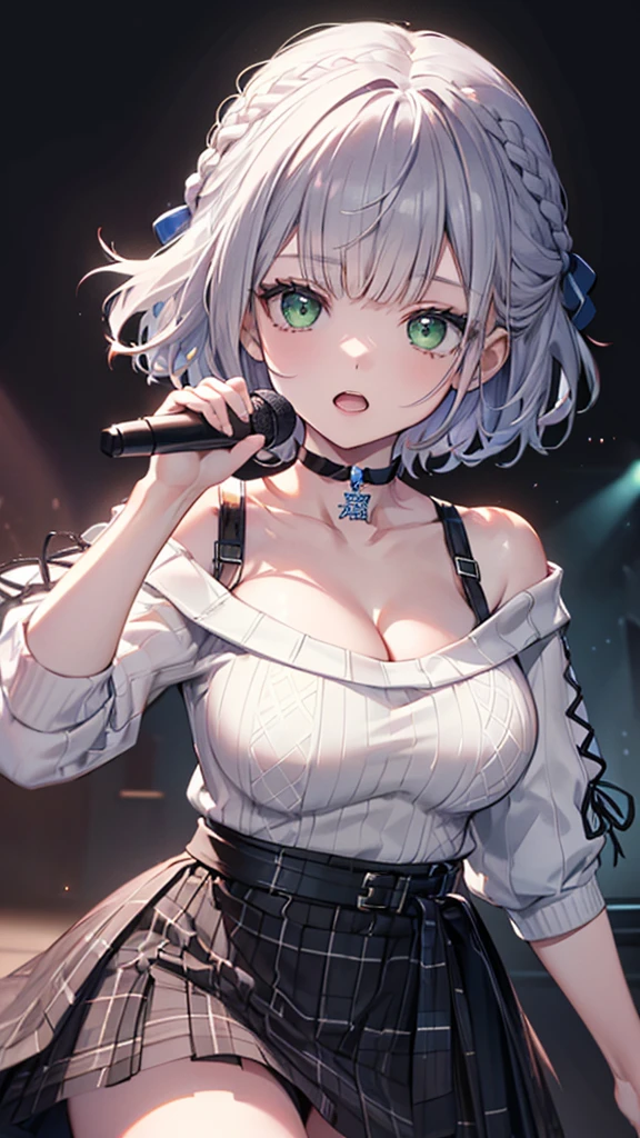 (best quality:1.2), (ultra detailed:1.2),(masterpiece:1.2),(8k:1.2),(ccnoel, short hair, french braid, hair ribbon, green eyes, black choker, collarbone, cleavage, off-shoulder sweater, white sweater, plaid skirt),(Blessed,Captivating body、Ultra-detailed eyes、Ultra-detailed skin、ultra-detailed face,Detailed Background),One Girl、(singing:1.5)