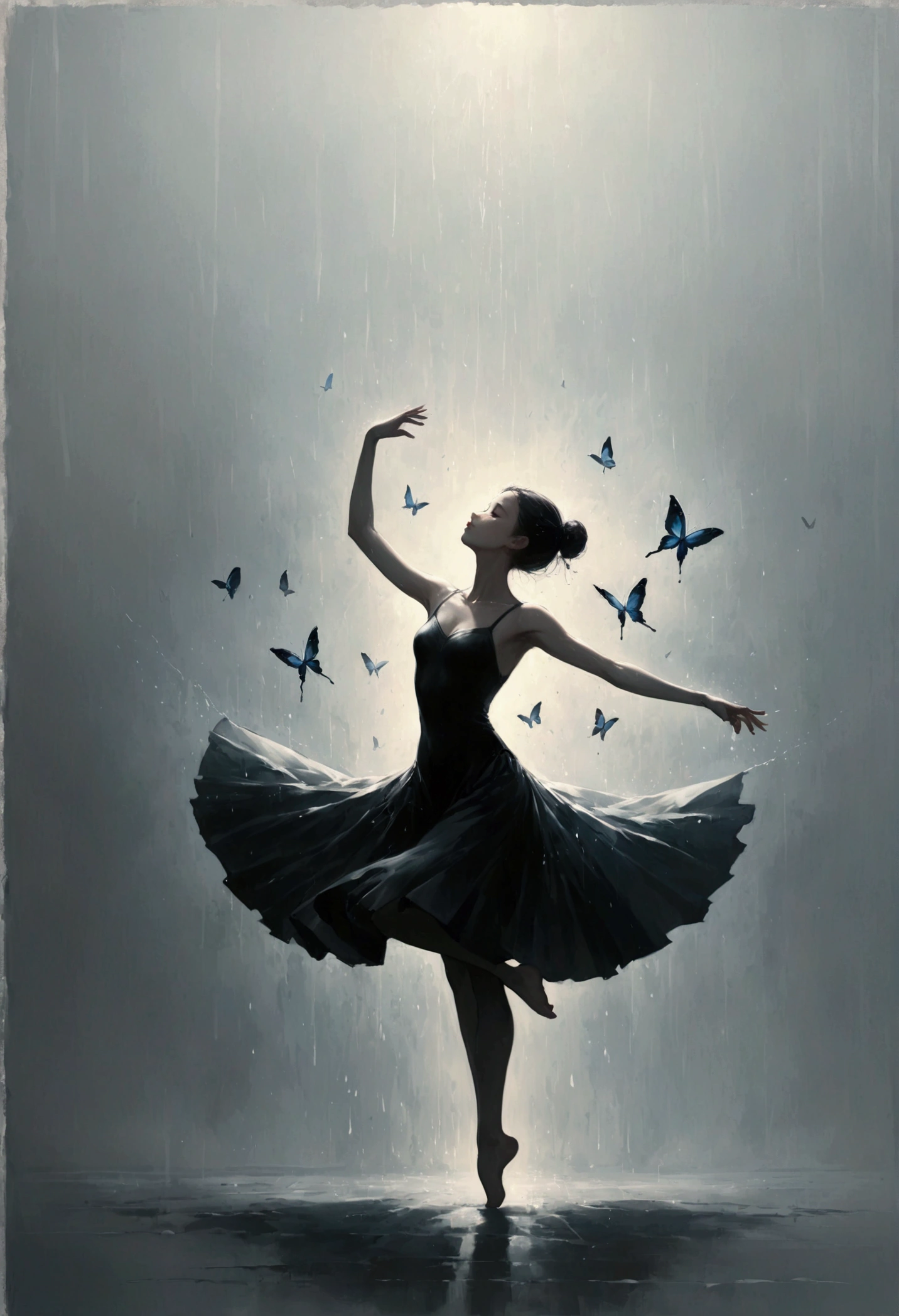 ,The soul dancer dancing alone in the rain，Barefoot，Loose and worn clothes，Professional ballet movements，Fingertips 1 butterfly，Very contagious，Splash，Light and Shadow，Minimalism，artistic conception，Clean background