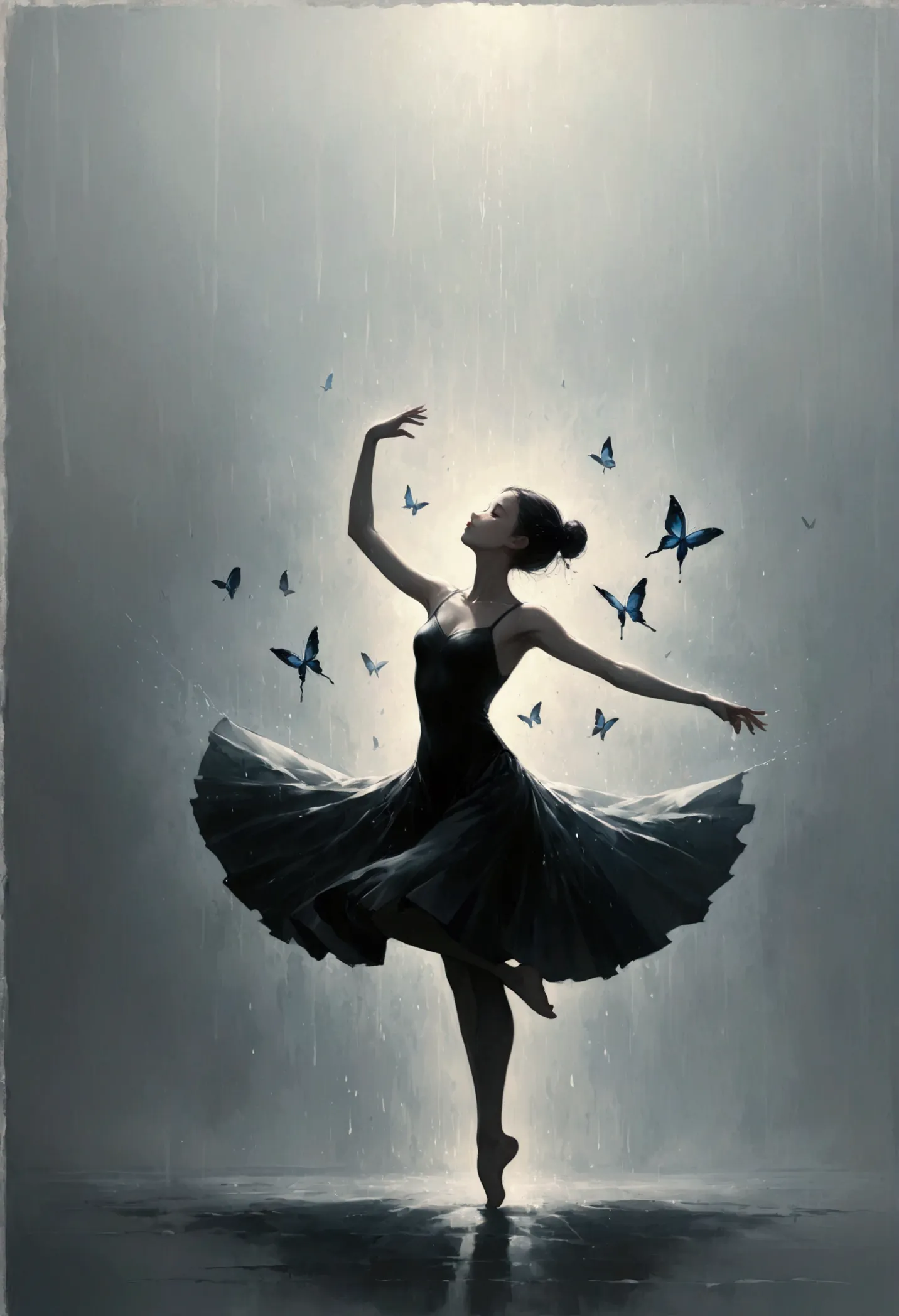 ,The soul dancer dancing alone in the rain，Barefoot，Loose and worn clothes，Professional ballet movements，Fingertips 1 butterfly，...