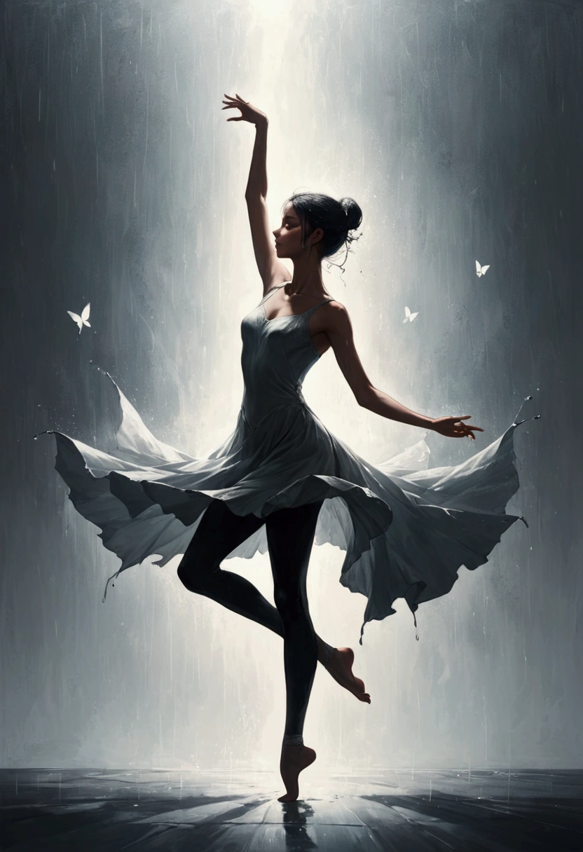 ,La danseuse soul dansant seule sous la pluie，pieds nus，Vêtements amples et usés，mouvements de ballet professionnels，Bout des doigts 1 papillon，Très contagieux，éclaboussure，lumière et ombre，minimalisme，conception artistique，fond propre