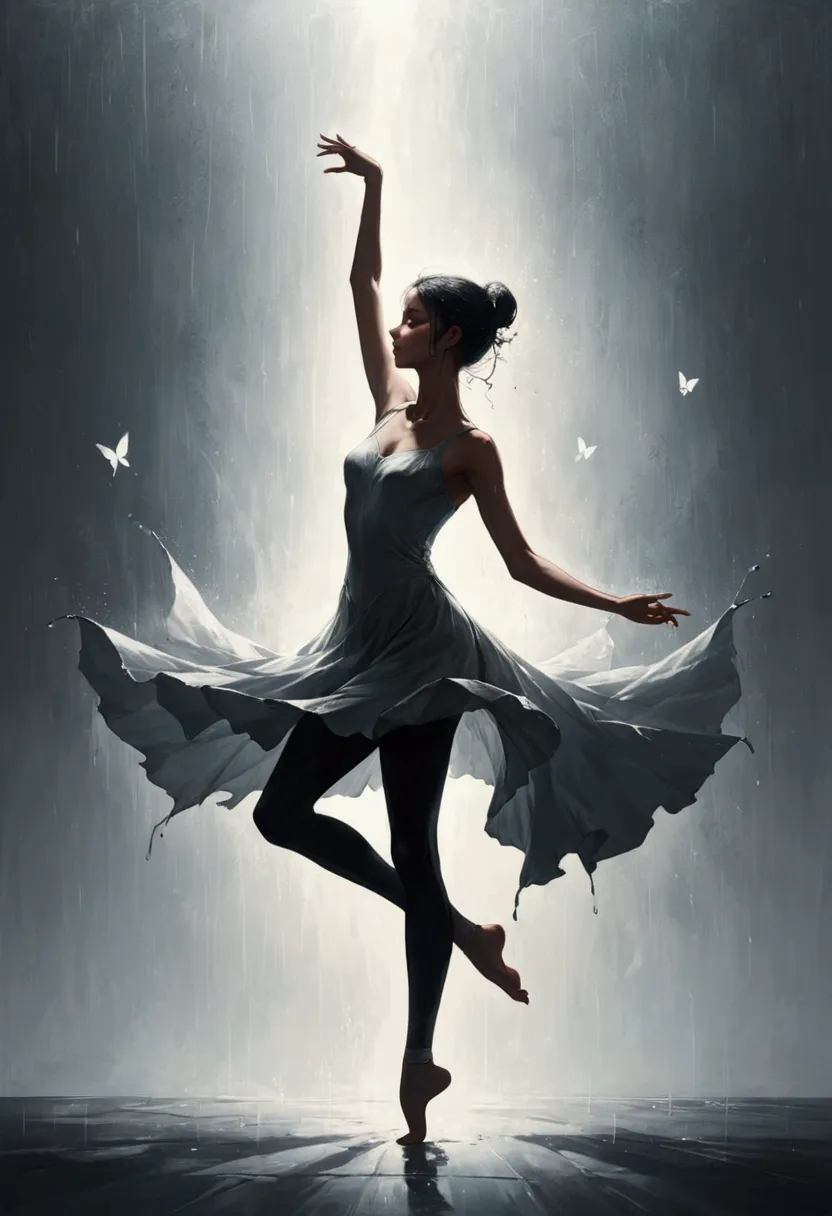 ,The soul dancer dancing alone in the rain，Barefoot，Loose and worn clothes，Professional ballet movements，Fingertips 1 butterfly，...