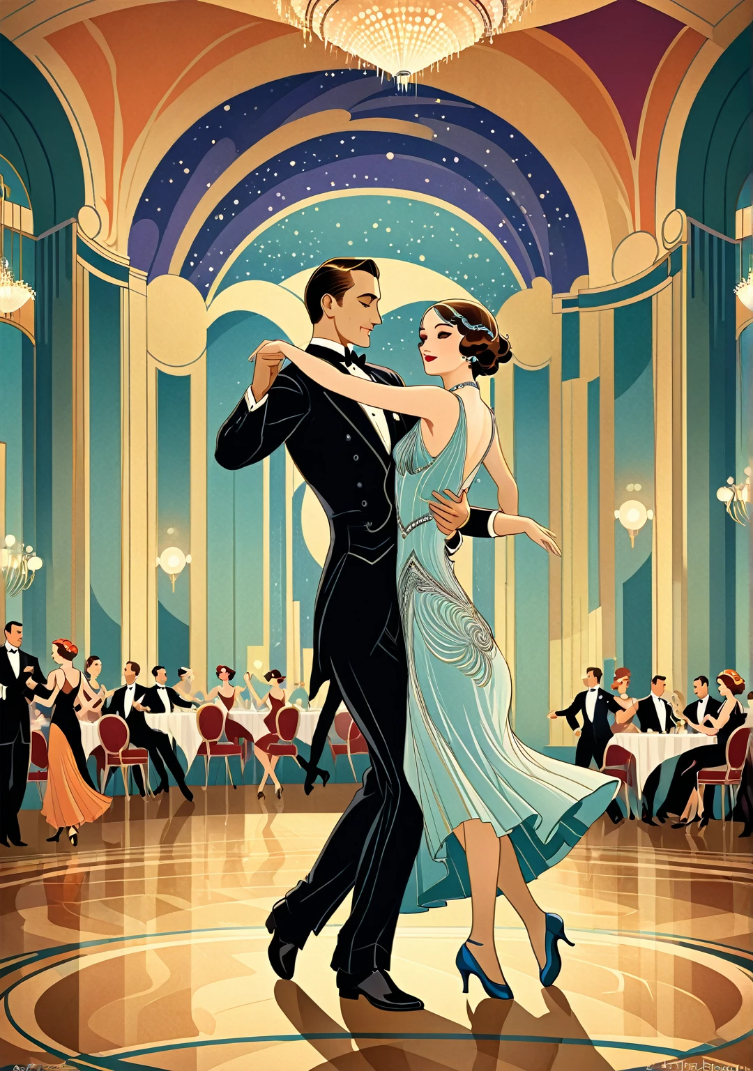 a vector illustration of a couple dancing in a ballroom, ballroom background, art deco illustration, couple dancing, dance scene, in style of digital illustration, vector illustration, stylized digital illustration, by Hugh Hughes, theater dance scene, by Hristofor Zhefarovich, inspired by Delphin Enjolras, stylised illustration, by Béla Kondor