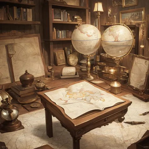 a detailed, high-quality cartographer's desk, intricate antique globe, vintage compass, rolled up maps, magnifying glass, quill ...