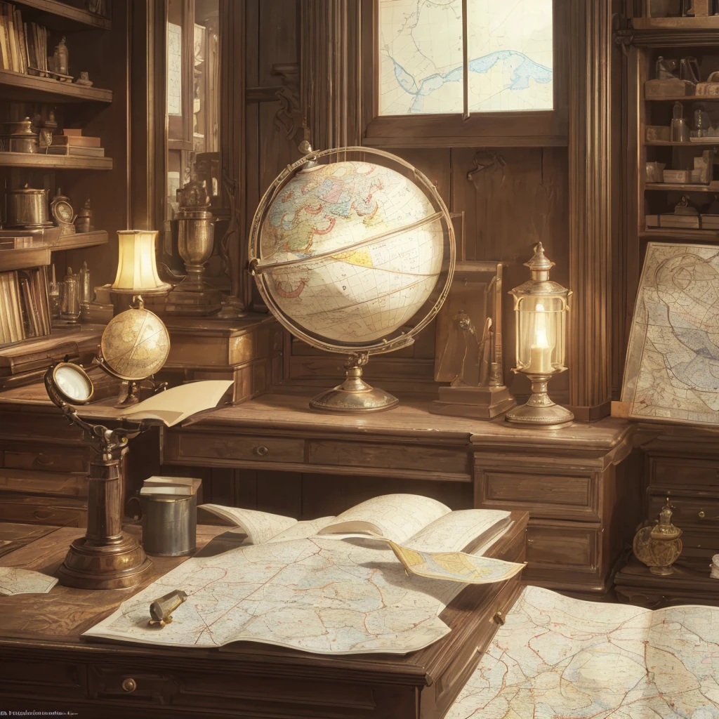 a detailed, high-quality cartographer's desk, intricate antique globe, vintage compass, rolled up maps, magnifying glass, quill and ink, wooden shelves, candles, soft lighting, dark wood texture, detailed textures, cinematic lighting, muted color palette, atmospheric, elegant, masterpiece, (best quality, 4k, 8k, highres, masterpiece:1.2), ultra-detailed, (realistic, photorealistic, photo-realistic:1.37)