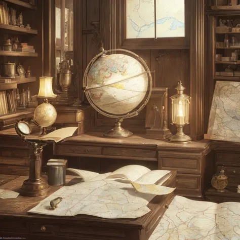 a detailed, high-quality cartographer's desk, intricate antique globe, vintage compass, rolled up maps, magnifying glass, quill ...