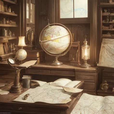 a detailed, high-quality cartographer's desk, intricate antique globe, vintage compass, rolled up maps, magnifying glass, quill ...