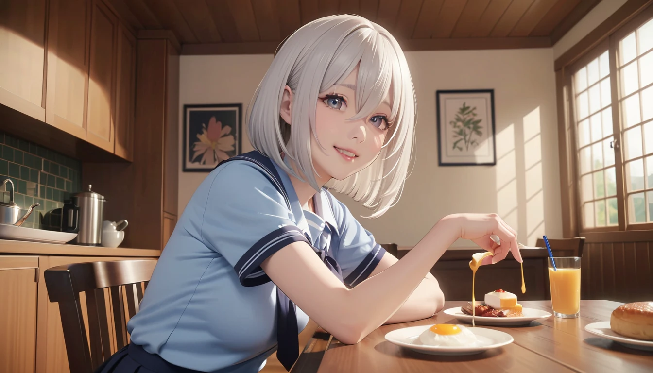 (best quality, masterpiece, absurdres, highres, ultra-detailed, extremely detailed, 32k, cinematic scene, detailed background), (full body:1.2), 1 girl, solo, perfect face, (platinum silver hair:1.5), (airy bob cut:1.6), (bang between eyes:1.4), (glossy silver eyes:1.5, large eyes), ((school uniform, short sleeve shirts)), large breasts, (eating japanese breakfast), in her home, at dining room, happy, anime screencap