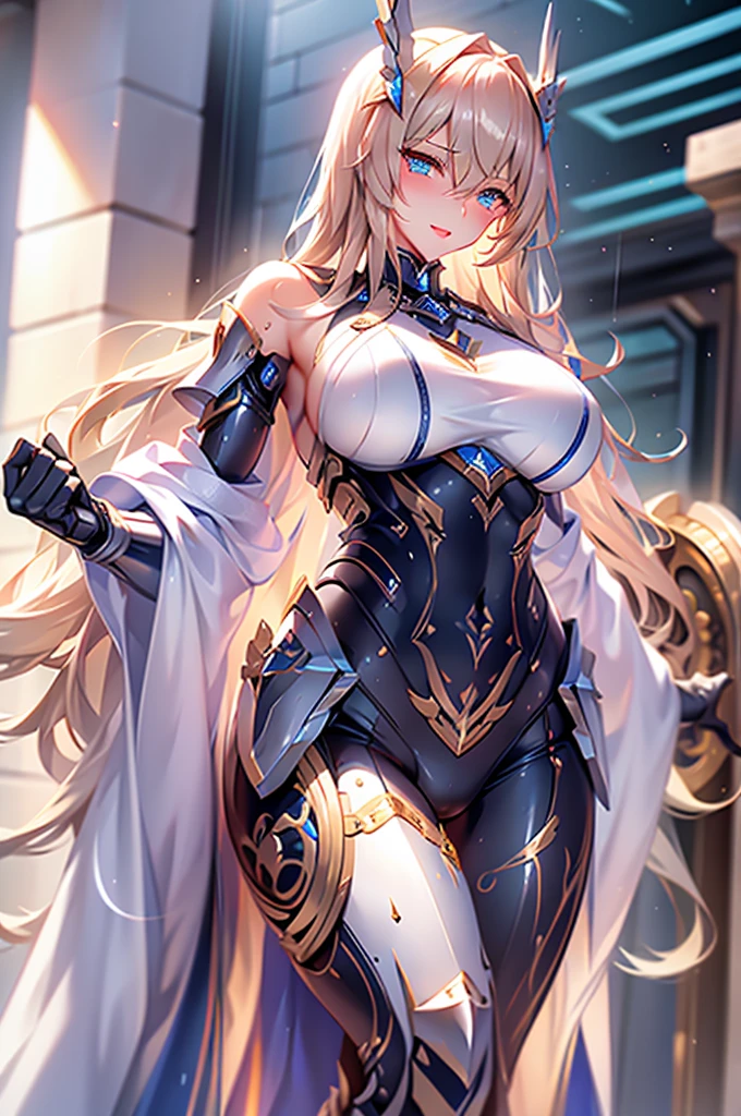 Super Detail, High Detail, high quality, best quality, High resolution，a robot valkyrie，beautiful female warrior,beautiful clear face(Rain waves_haneame：1.5)，Mechanical body(Smooth metal surface，armor，Mechanical seams of skin，beautiful body curves)，Valkyrie Armor(Mechanical Technology，Highlight breast contour)，beautiful body curves，Holding a silver sword in hand，handsome pose