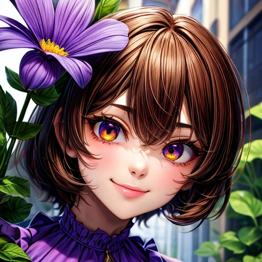 1girl, cutegirl, mature female, adult women, standing in a gigantic flower garden, oversized objects, gigantic flowers, {{{dark brown hair}}}, {{{Golden eyes}}}, {{purple dress}} purple clothes, small smile, {best quality.}, {highres masterpiece.}, 16k {{{medium close up}}}, {facing viewer}