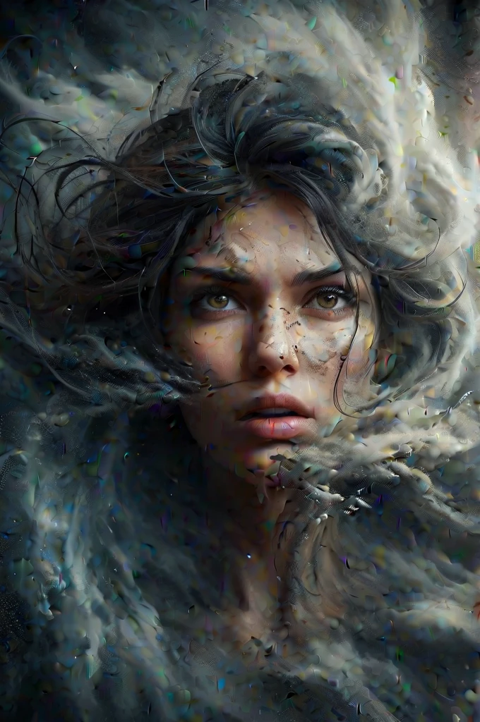 a huge whirlwind with a beautiful dissolved misty female face made of clouds and dust, look angry, dark atmosphere, centered, highly detailed, vibrant colors, intricate, ultra hd, sharp focus    