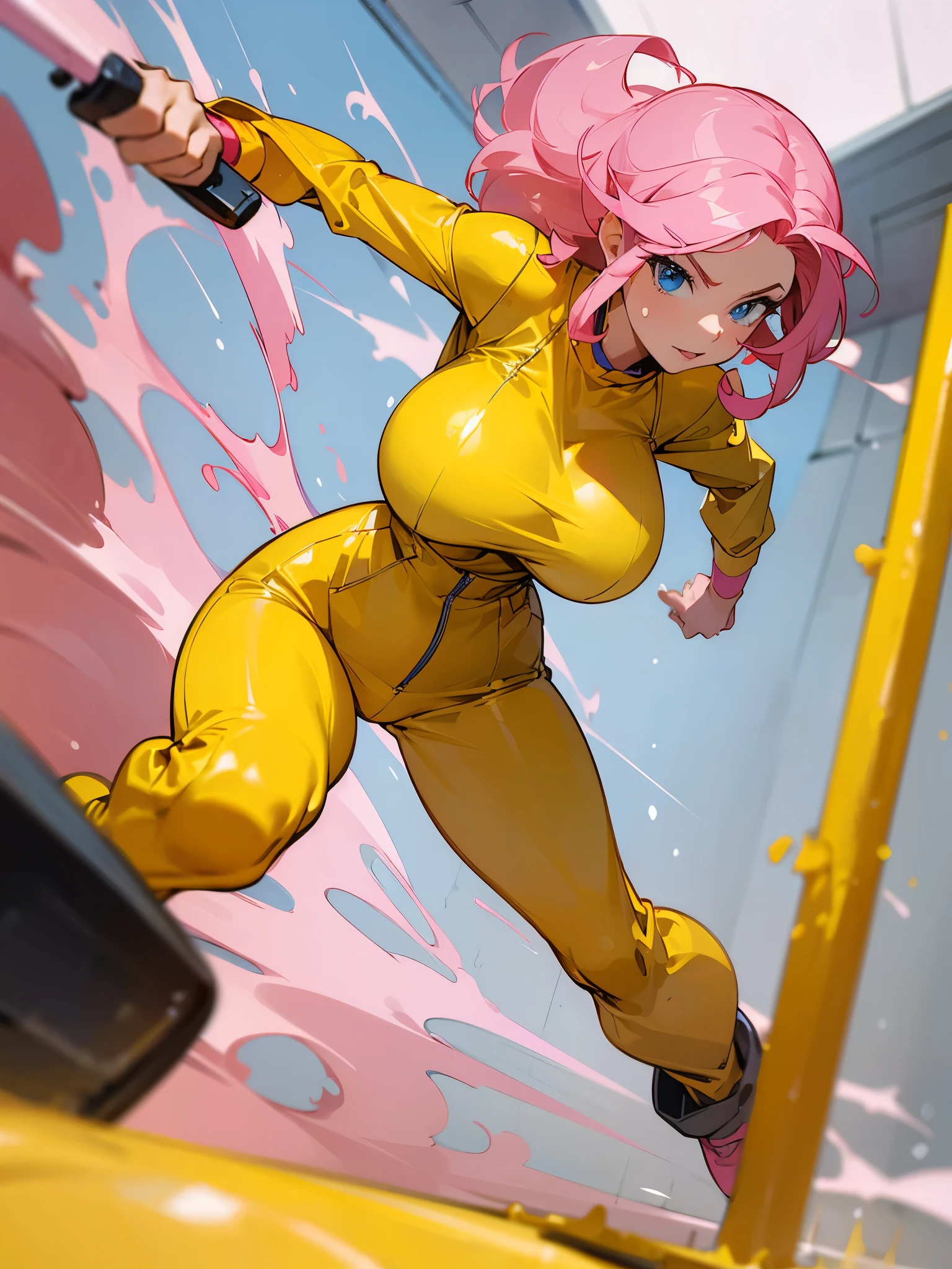 a mature woman , hero pose, big pink hair, shining blue eyes, wearing a mustard yellow jumpsuit. hero pose, big breasts35 years old, running away from an old squeegee, looking at the camera