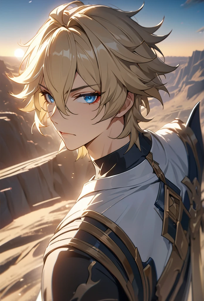 ((solo)),blue eyes, blonde hair, messy hair, beautiful carved body, mature body, close-up of a person with a sword on a deserted land detailed key anime art, honkai star trail character, casimir art, masamune shiro, masamune, handsome guy in demon slayer art, genshin, heise jinyao, shadowverse style, (without logos), eclipse, black forces, twilight landscape, detailed clothes, eye reflection, depth of field, cinematic lighting,  ray tracing, depth of field, cinematic lighting, ray tracing, uhd, great details, best quality, highres, high quality, award winning, super detail, masterpiece, 8k, uhd, great details, best quality, highres, high quality, award-winning, super detail, masterpiece, 8k