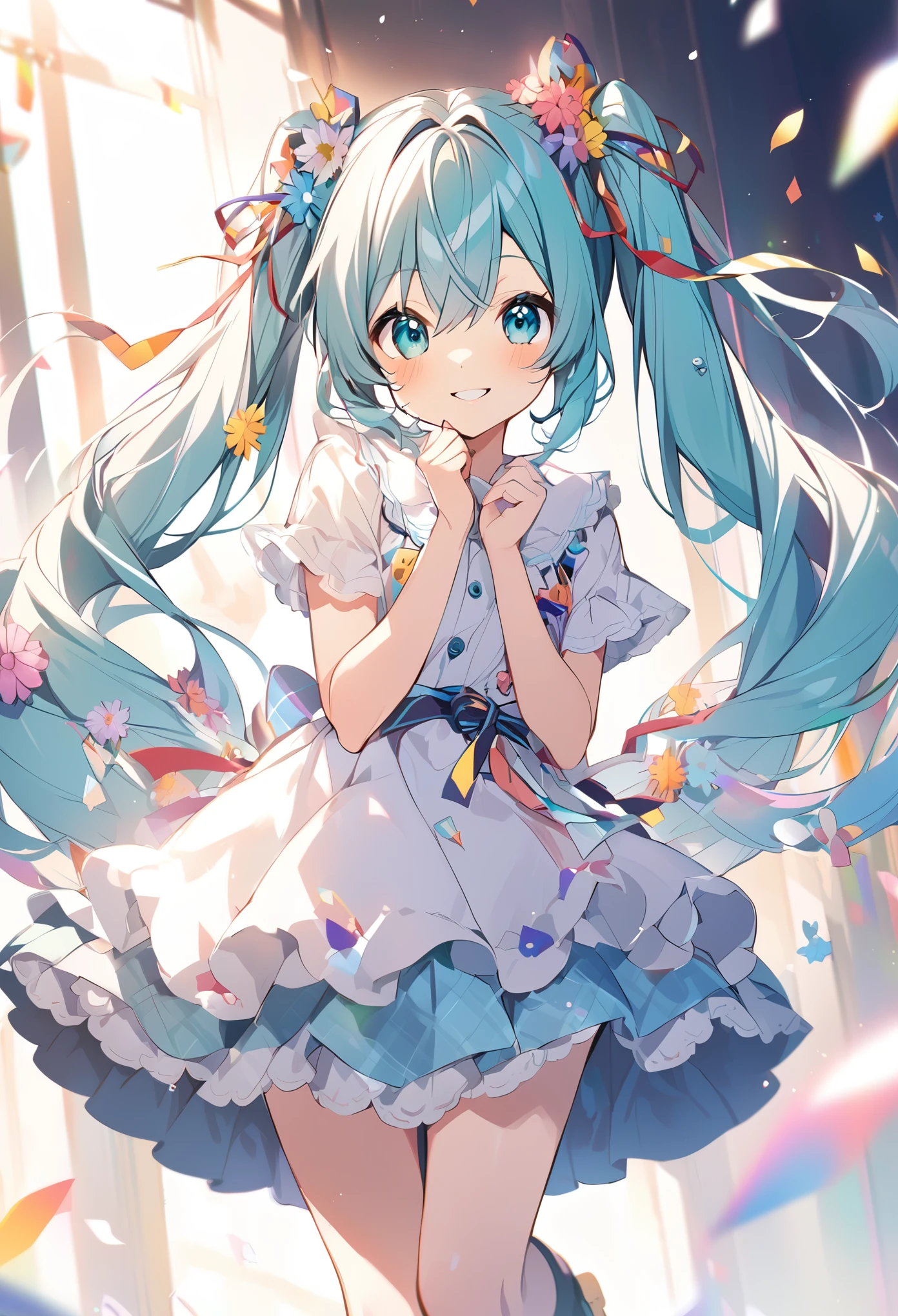 Uma garota、Hatsune Miku、Caudas duplas、sorriso、colorida、Adorável、Áster&#39;O trabalho está em destaque、mais alta qualidade、Rosto Perfeito、esboço、fechar