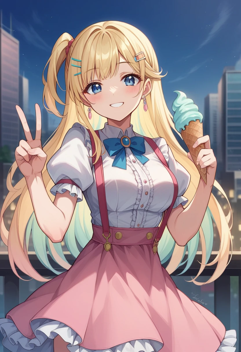 (masterpiece, best quality, very aesthetic, ultra detailed), intricate details,
1girl, ShirakawaRuna, blonde hair, multicolored hair, bangs, one side up, long hair, blue eyes, hairclip, jewelry, earrings, medium breasts, frills, puffy sleeves, puffy short sleeves, suspenders, frilled skirt, pink skirt, smile, blush, v, looking at viewer,  dynamic pose, cityscape, building, holding, ice cream