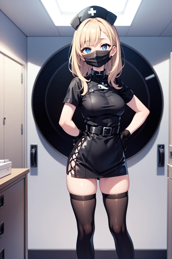 black nurse, 1woman, solo, black nurse cap, black nurse uniform, ((black legwear, zettai ryouiki)), black elbow gloves, blonde hair, blue eyes, ((black surgical mask, covered nose)), standing, ((surgery room)), sharp outline, short sleeves, mature female, 35 years old, best quality, masterpiece