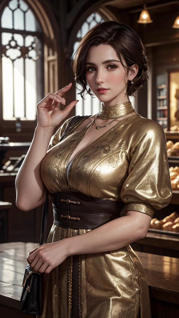 a 35 year old woman, beautiful and intelligent, managing a store, wearing practical work clothes without jewelry, short brown hair, medieval era, detailed face and eyes, photorealistic, 8k, high quality, realistic lighting, warm color tones, intricate details